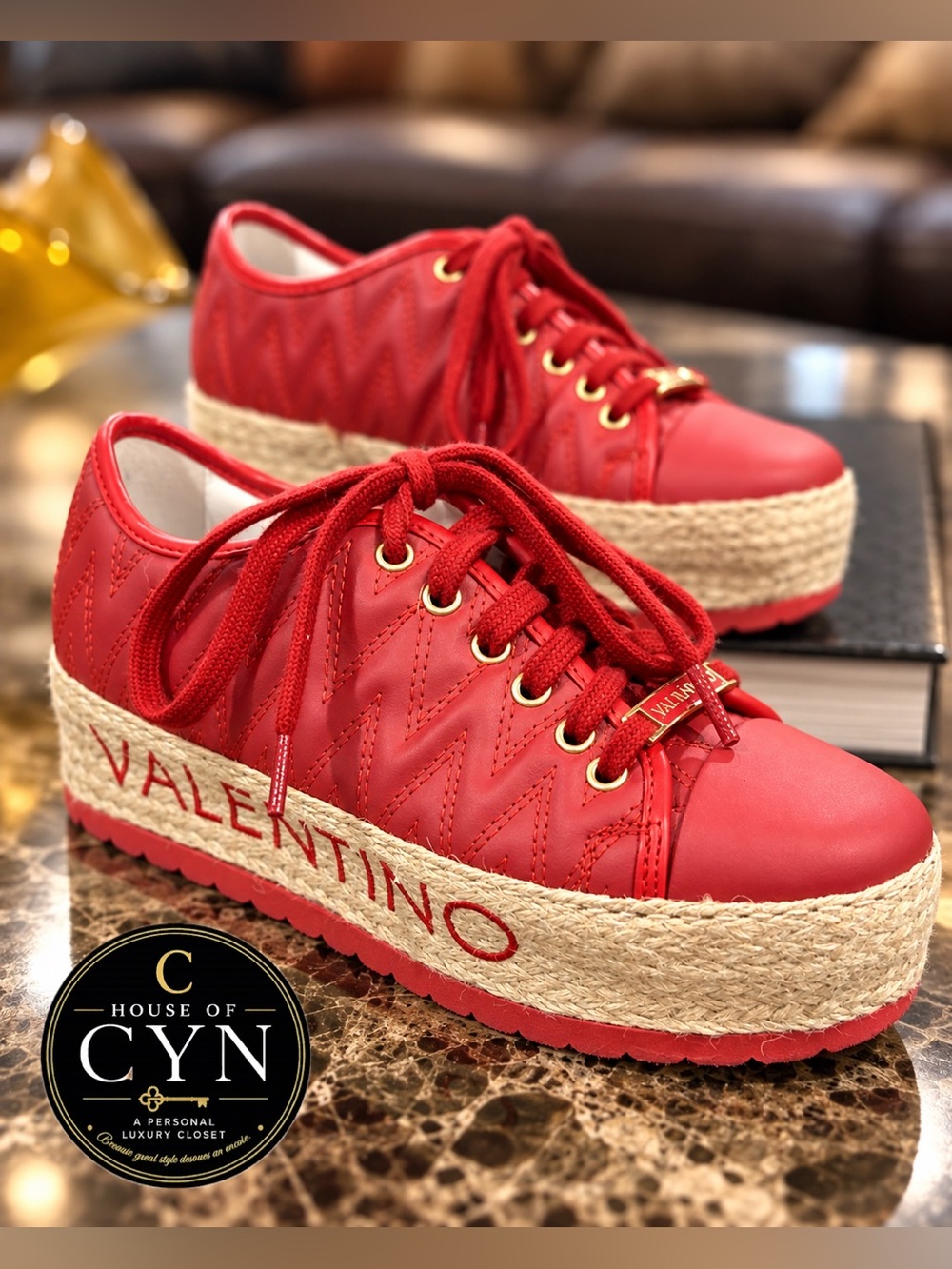 Valentino by Mario Valentino Red Leather Espadrille Platform Sneakers, 36